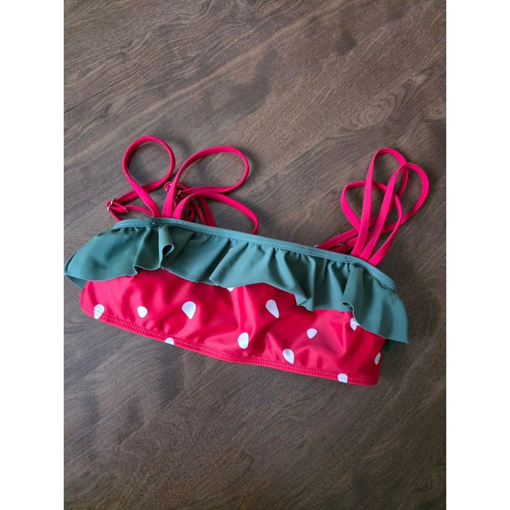 Girls Red Strawberry Polka Dot Ruffle Bikini Top Green Trim Adjustable Straps S
